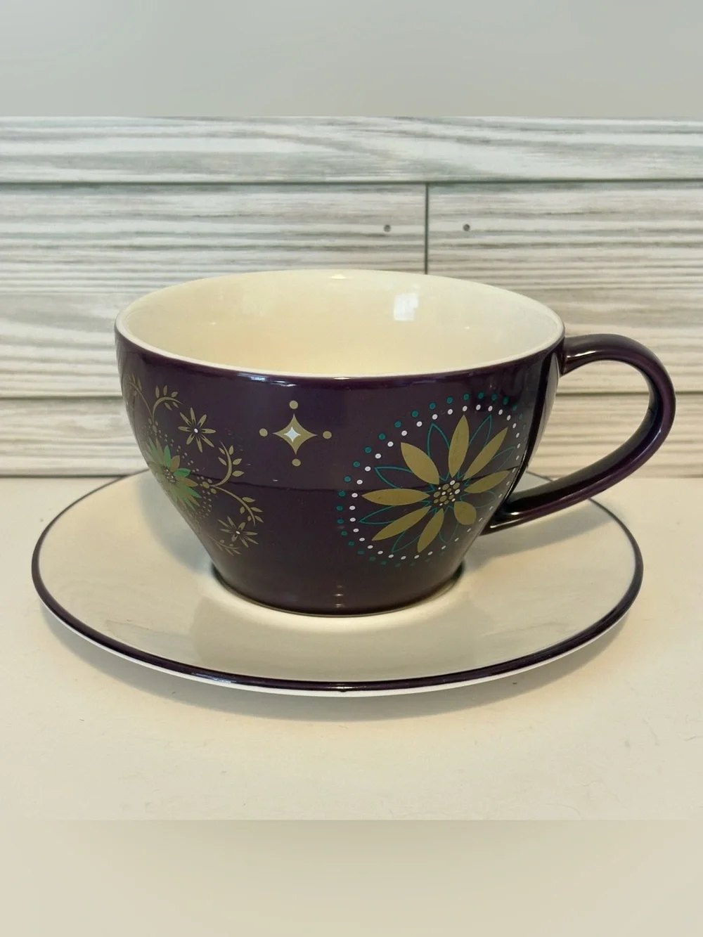 Rare Starbucks 2006 Holiday Collection Purple Gold Star Mug and Saucer Set VTG